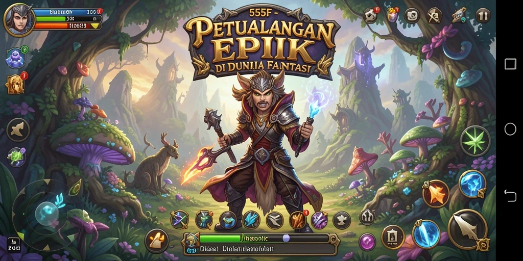 Screenshot 555F menampilkan aksi pertarungan epik dalam RPG.