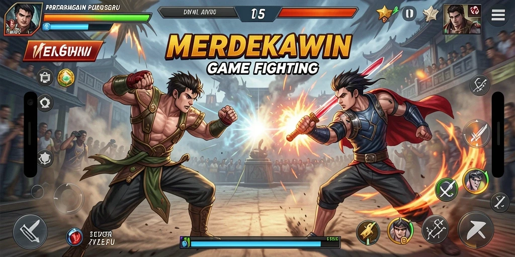 Tangkapan layar gameplay <strong>MERDEKAWIN</strong> yang menunjukkan aksi pertarungan seru.