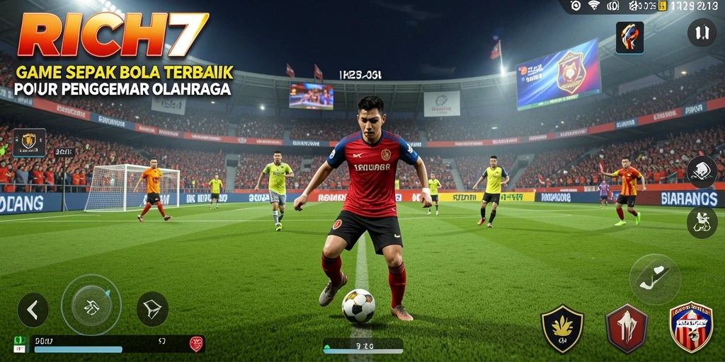 Screenshot utama menunjukkan pemain sedang bertanding di lapangan sepak bola.