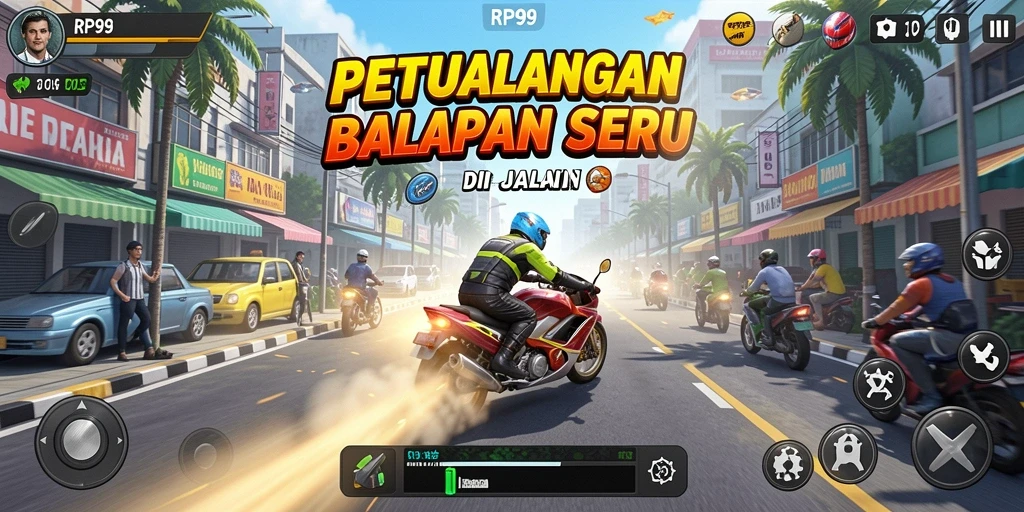 Screenshot gameplay RP99 menampilkan aksi balapan mendebarkan dan mobil keren.