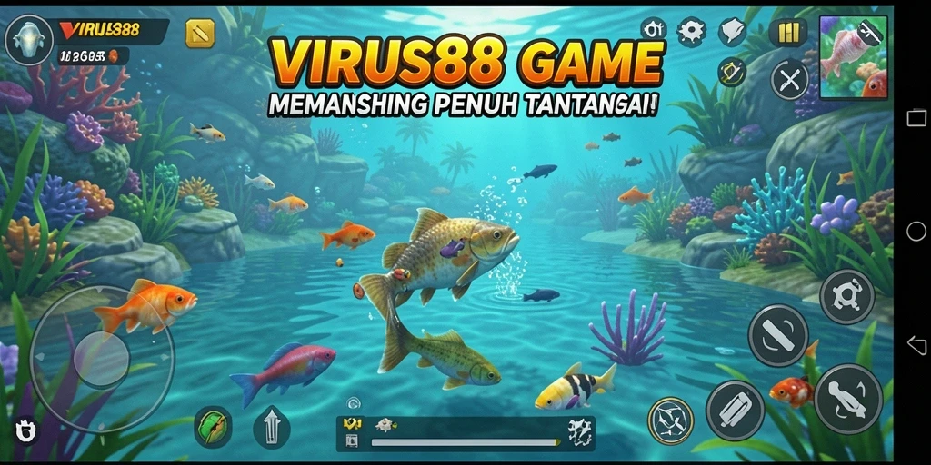 Screenshot gameplay 'VIRUS88' menampilkan pengalaman memancing yang seru.